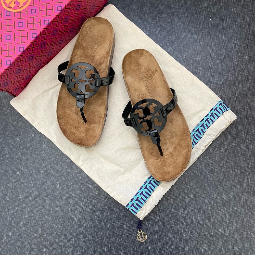 NEW Tory Burch Miller Cloud Patent Leather/Cork Sandals- 10.5 M Black Patent